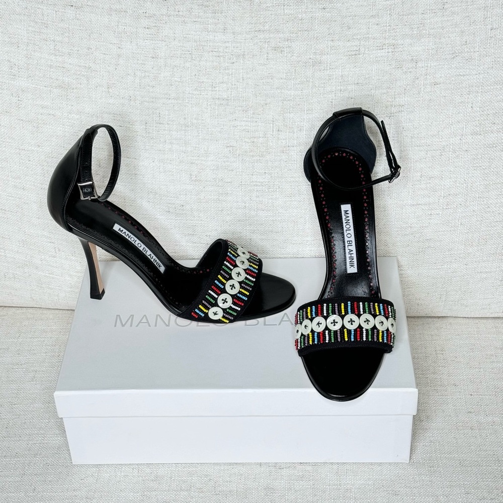 Manolo Blahnik‎ Black Leather Beaded Sandals W Buttons |Size 37 1/2